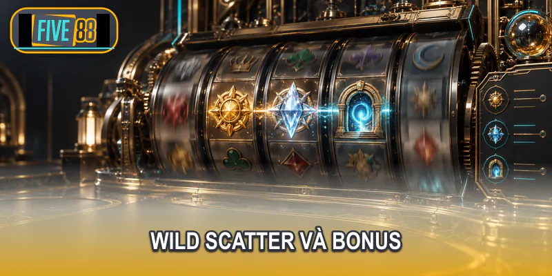 Hiệu ứng Wild Scatter và Bonus trên guồng quay Five88