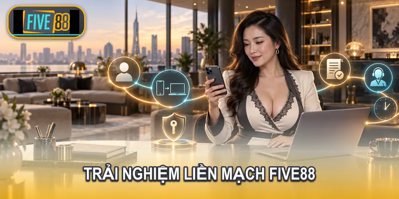 Người dùng truy cập tài khoản giao dịch và hỗ trợ Five88 trên nhiều thiết bị